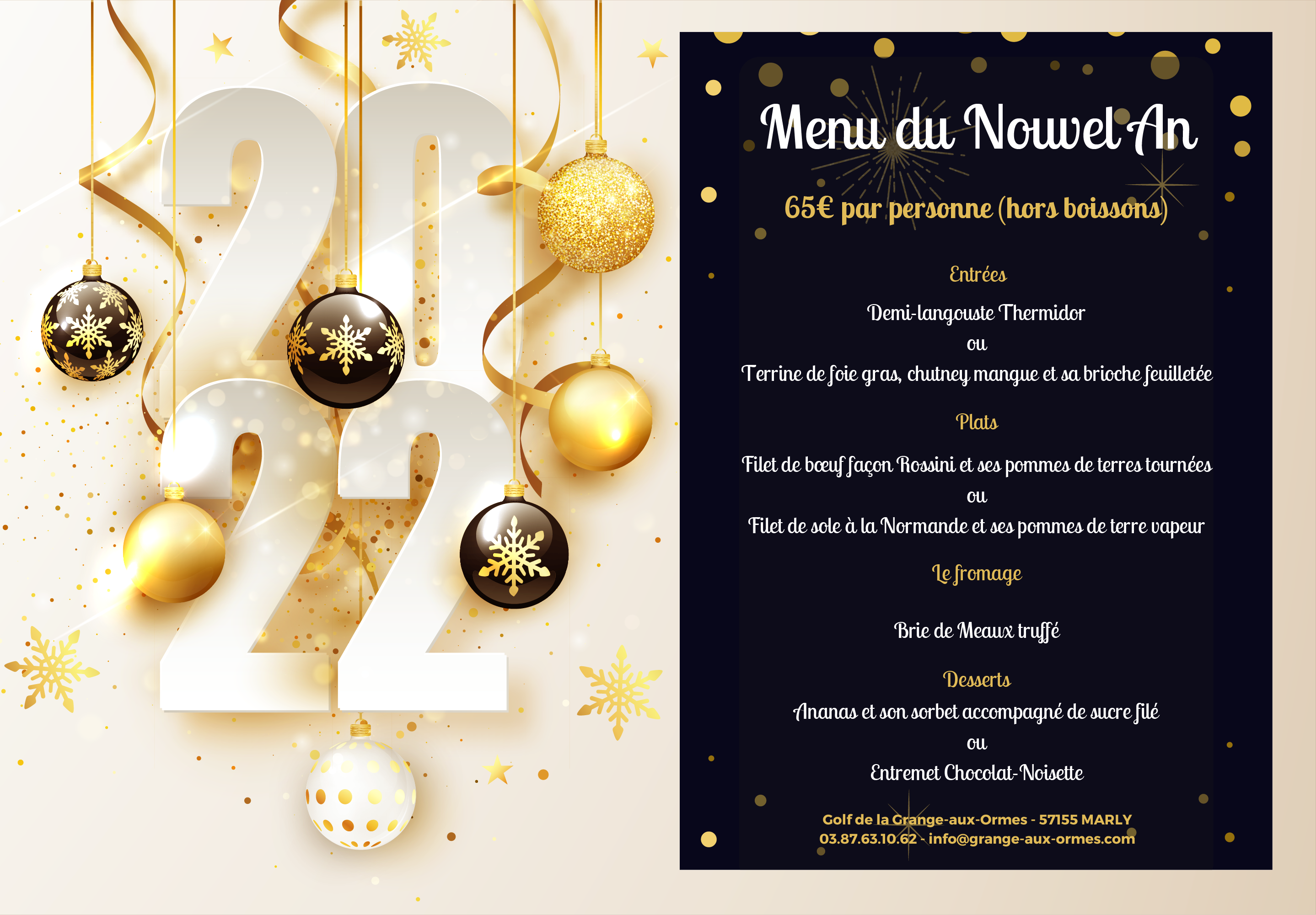 Menu Nouvel An 2022 Domaine de la Grange aux Ormes Golf, Restaurant